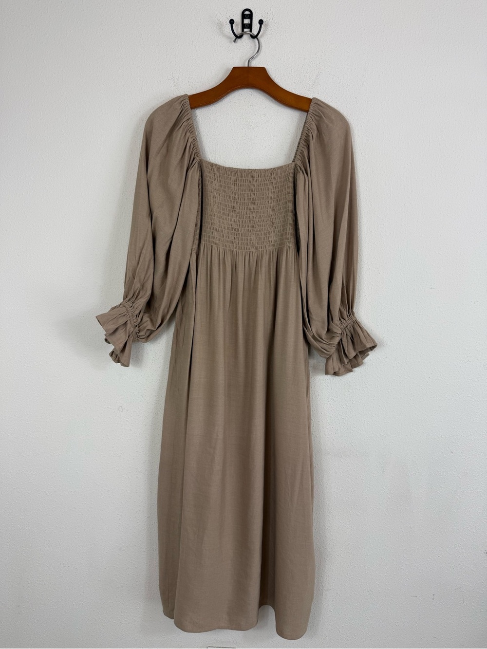 O.P.T Taupe Square Neck Linen Blend Smocked Midi Dress Sz Medium